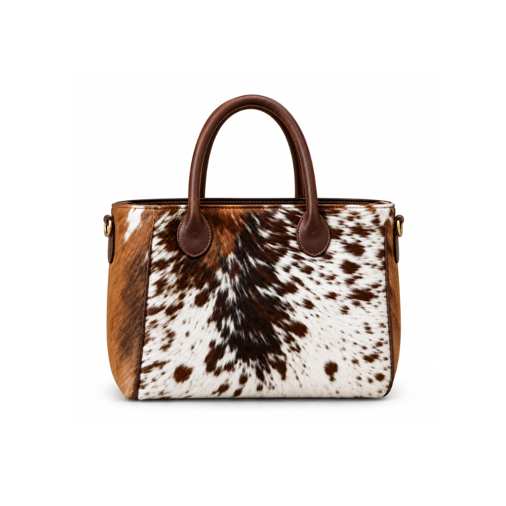 Premium Cowhide Leather Tote Bag – Luxury Brown & White Heritage Collection