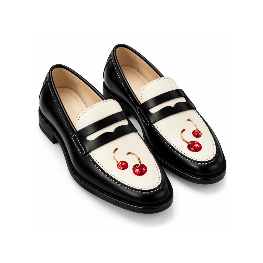 Luxury Cherry Crystal Penny Loafers – Black & Ivory Edition