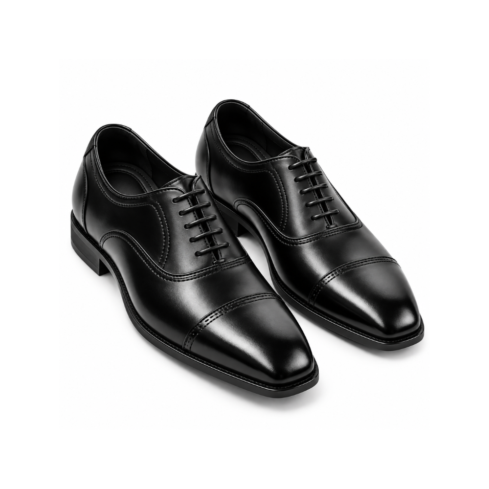 Premium Black Leather Cap-Toe Oxford Shoes