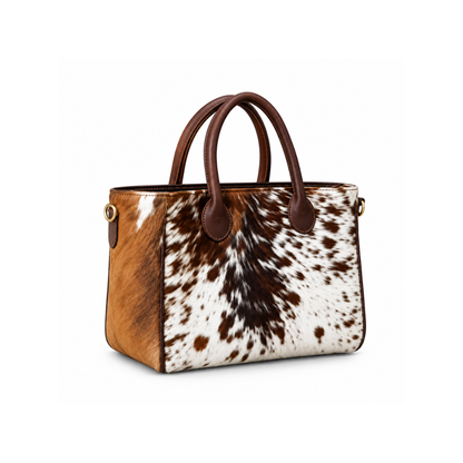 Premium Cowhide Leather Tote Bag – Luxury Brown &amp; White Heritage Collection