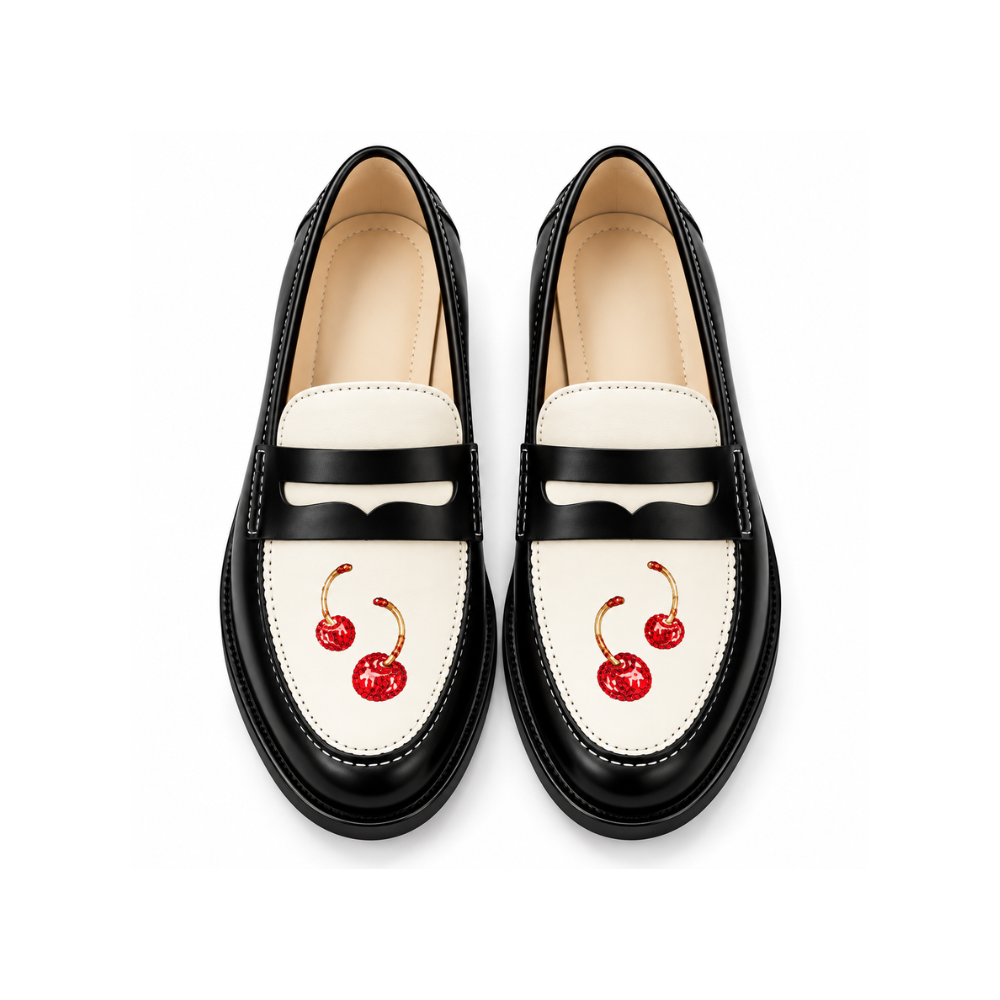 Luxury Cherry Crystal Penny Loafers – Black &amp; Ivory Edition