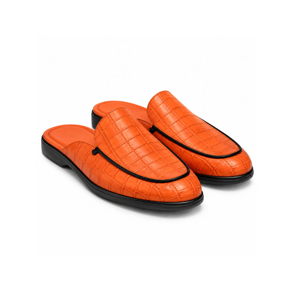 Premium Orange Croc-Embossed Backless Loafers