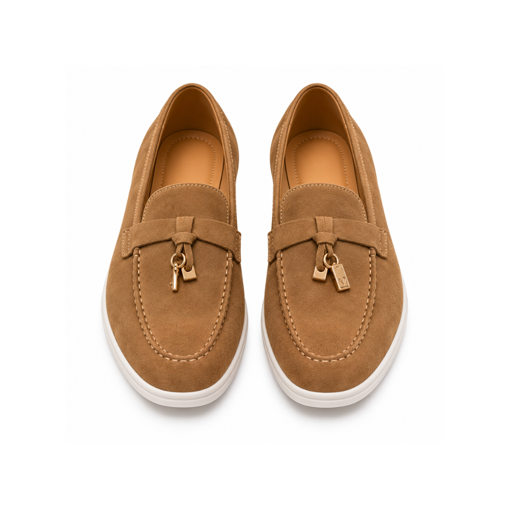 Premium Tan Suede Loafers with Gold-Tone Detailing