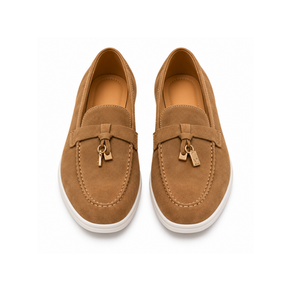Premium Tan Suede Loafers with Gold-Tone Detailing