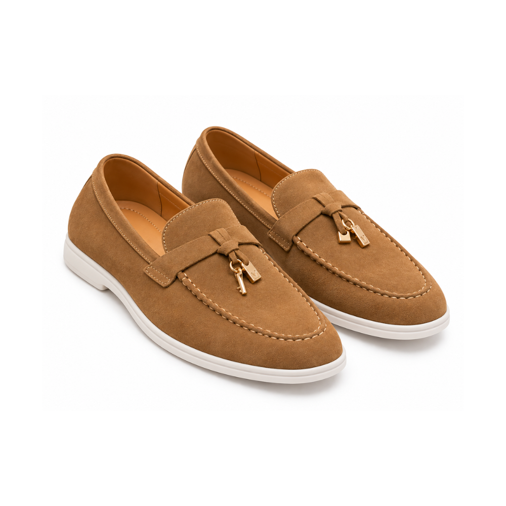 Premium Tan Suede Loafers with Gold-Tone Detailing