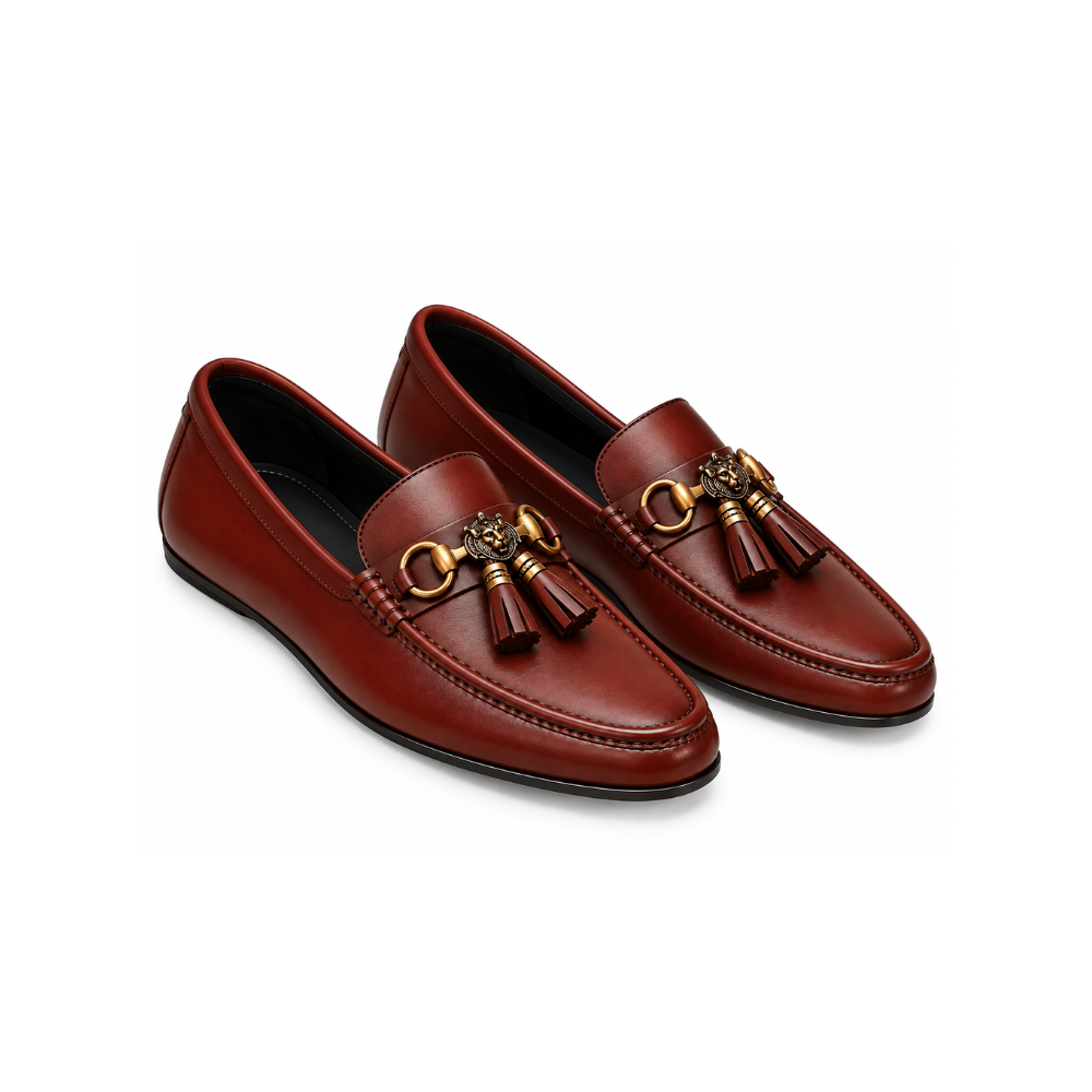 Premium Burgundy Leather Tassel Loafers with Gold-Tone Detailing