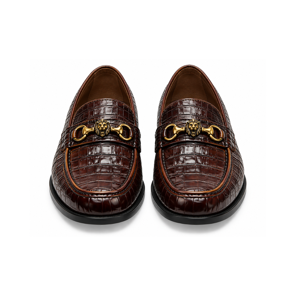 Premium Dark Brown Croc-Embossed Leather Loafers with Gold Lion Hardware