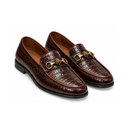 Premium Dark Brown Croc-Embossed Leather Loafers with Gold Lion Hardware