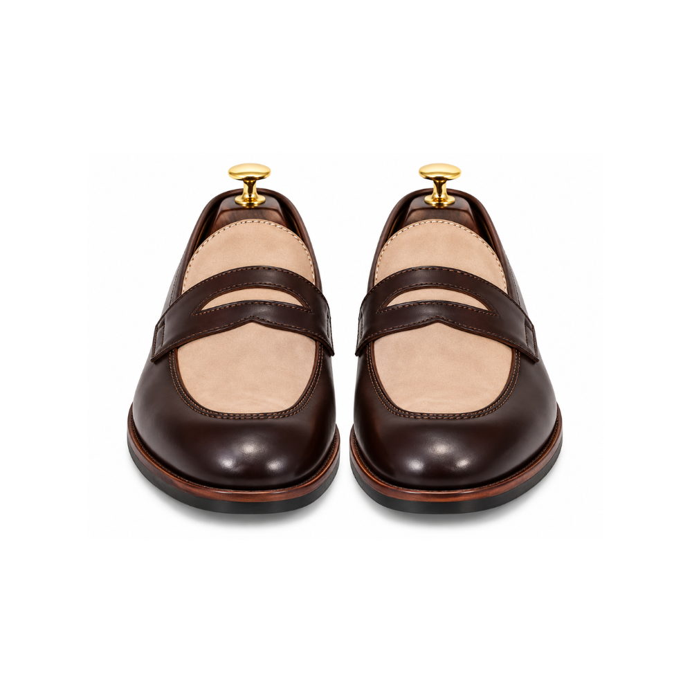 Premium Two-Tone Brown Leather &amp; Beige Suede Penny Loafers