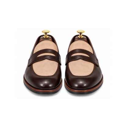 Premium Two-Tone Brown Leather &amp; Beige Suede Penny Loafers