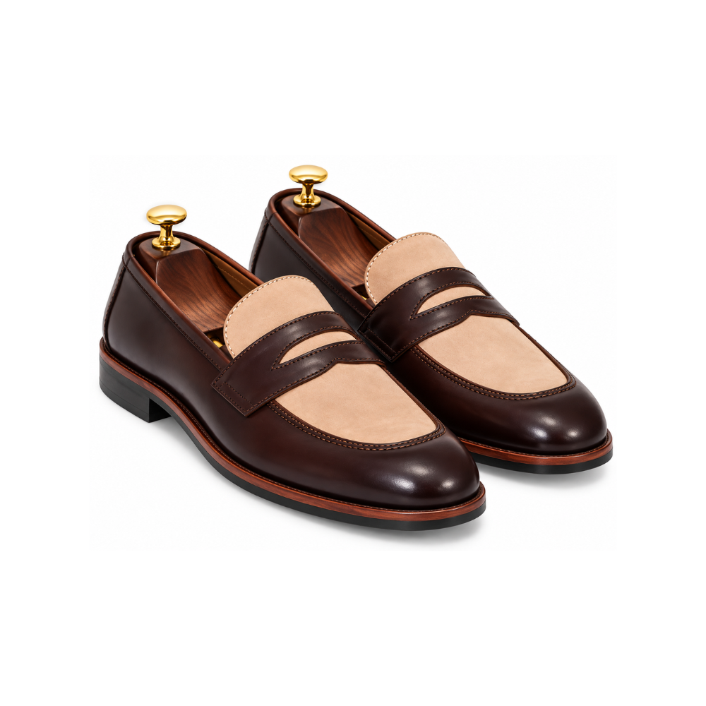 Premium Two-Tone Brown Leather &amp; Beige Suede Penny Loafers