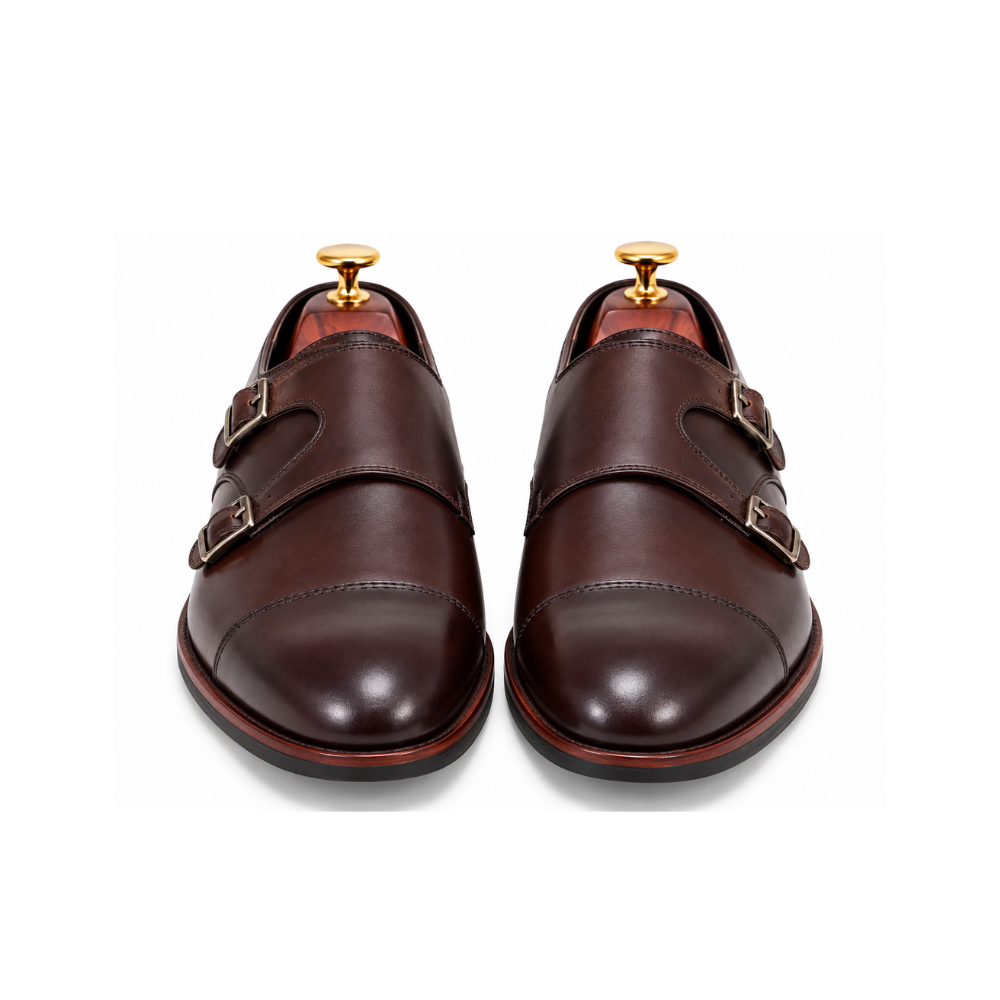 Premium Dark Brown Leather Double Monk Strap Dress Shoes