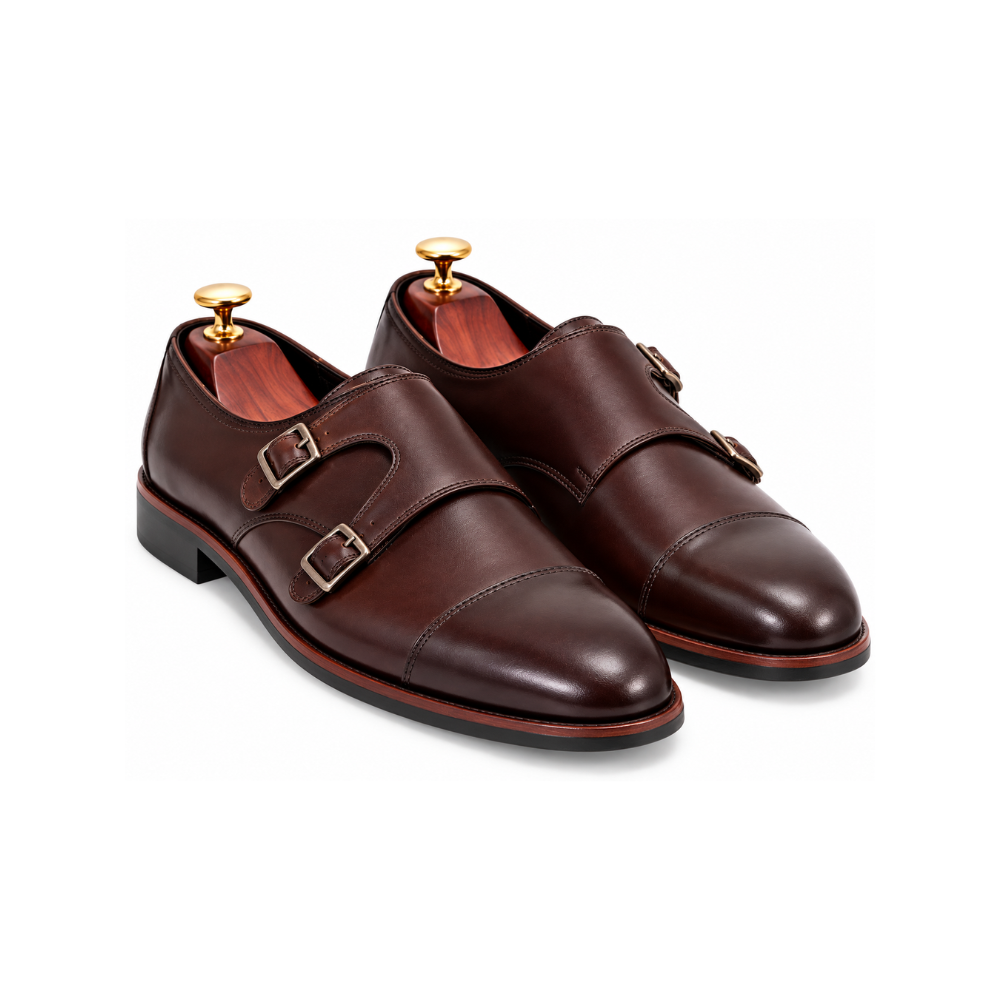 Premium Dark Brown Leather Double Monk Strap Dress Shoes